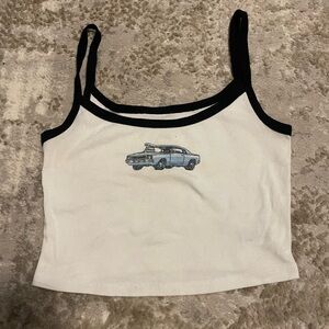 Aeropostale White and Black Crop Top with Car Graphic